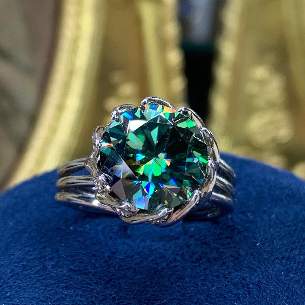 【ZHOYA】3-5CT Peacock Green Moissanite Ring in 925 Sterling Silver