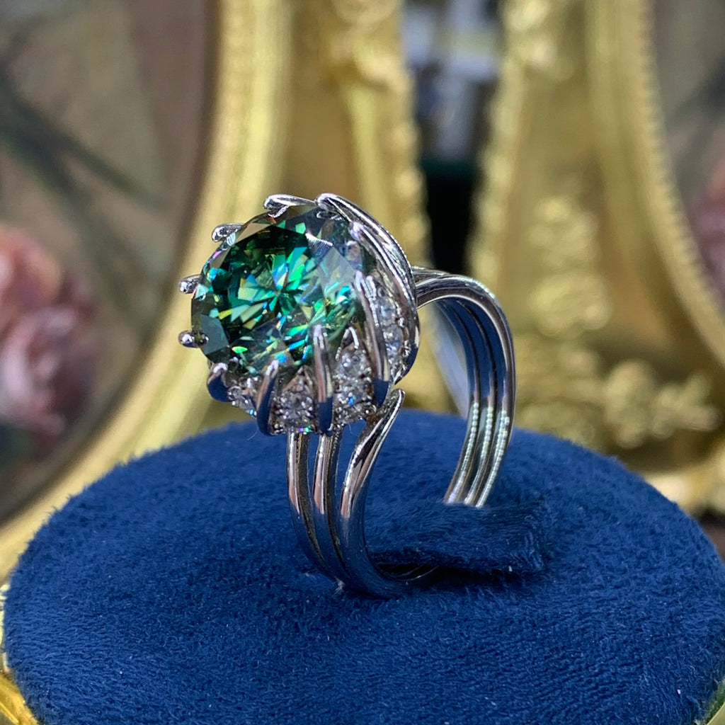 【ZHOYA】3-5CT Peacock Green Moissanite Ring in 925 Sterling Silver