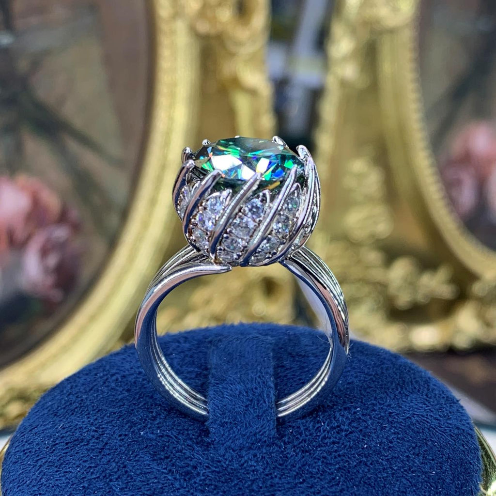 【ZHOYA】3-5CT Peacock Green Moissanite Ring in 925 Sterling Silver