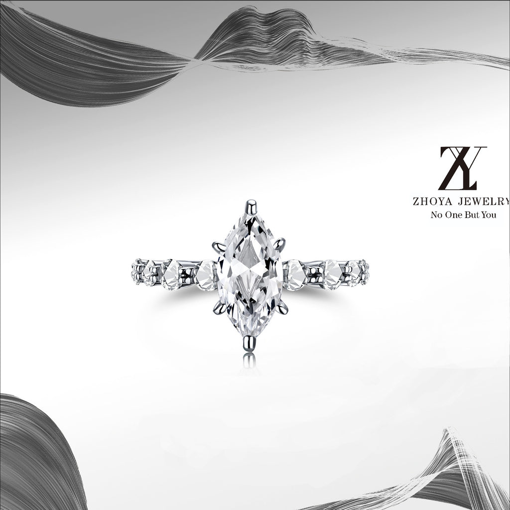 【ZHOYA】Elegant Marquise Moissanite 1 CT S925 Silver Ring