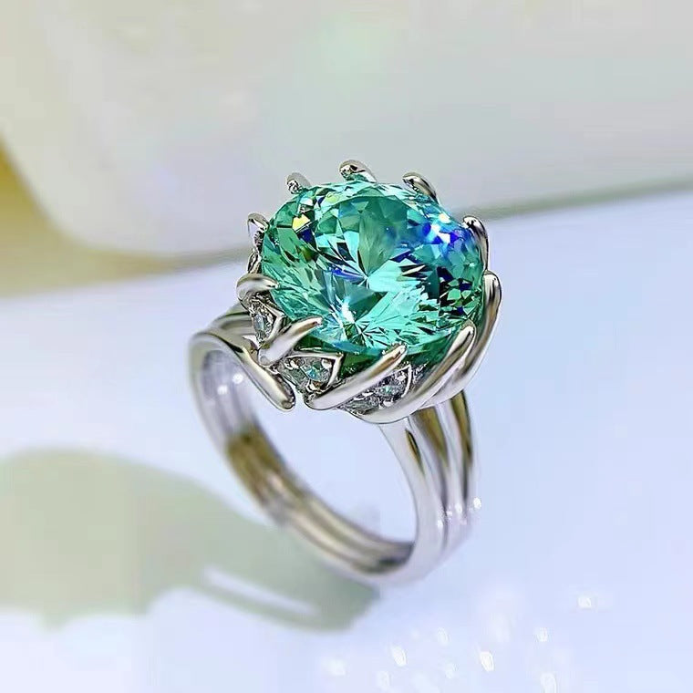 【ZHOYA】3-5CT Peacock Green Moissanite Ring in 925 Sterling Silver