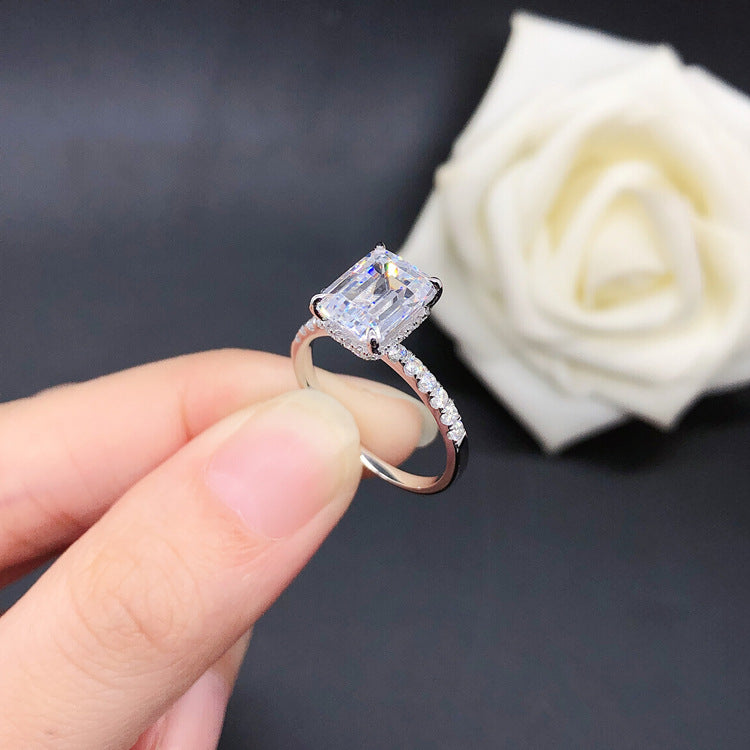 【ZHOYA】Sterling Silver Ring | Rectangle Cut Moissanite Diamond