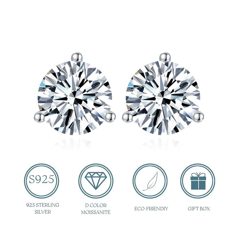 【ZHOYA】S925 Silver Moissanite Stud Earrings Three Pronged Round Versatile