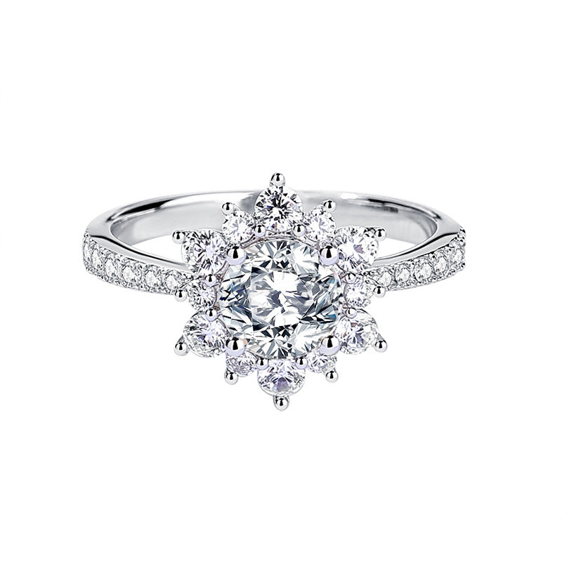 【ZHOYA】 Sunflower Round Shape Moissanite 1 Carat S925 Silver Platinum Plated Ring